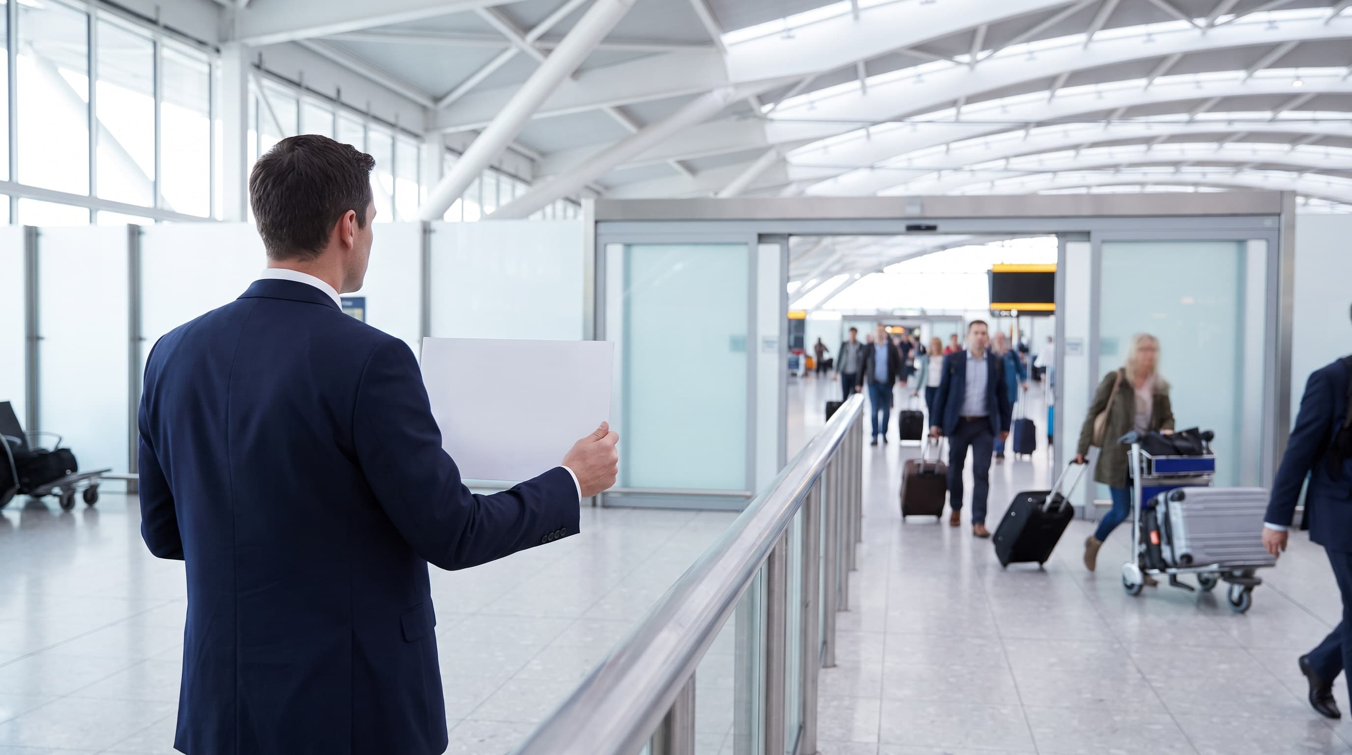 Chauffeur waiting at the arrivals barrier with a name board as passengers come out of baggage reclaim