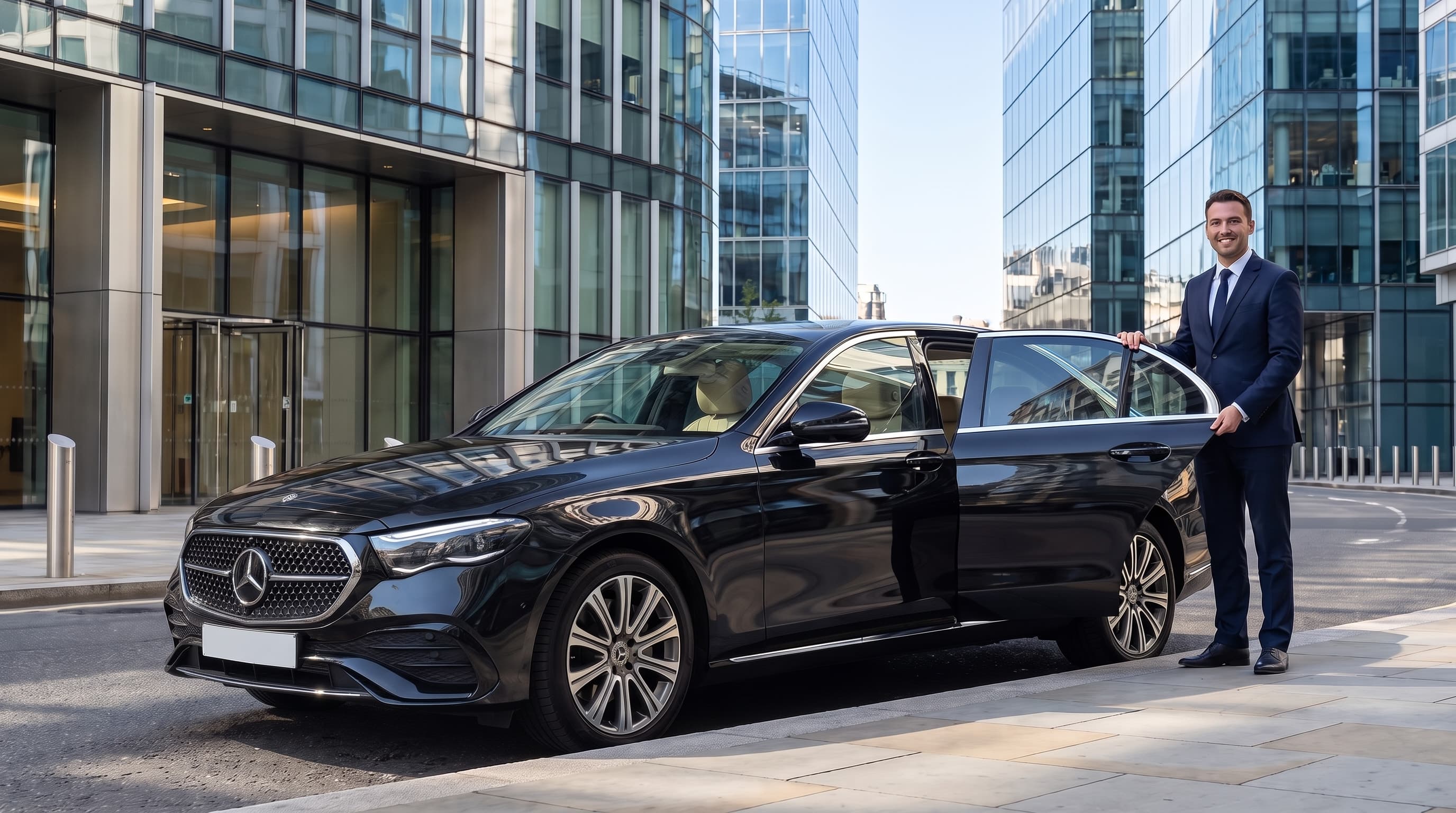 Chauffeur holding the rear door of a black Mercedes E-Class outside a glass office in the City of London