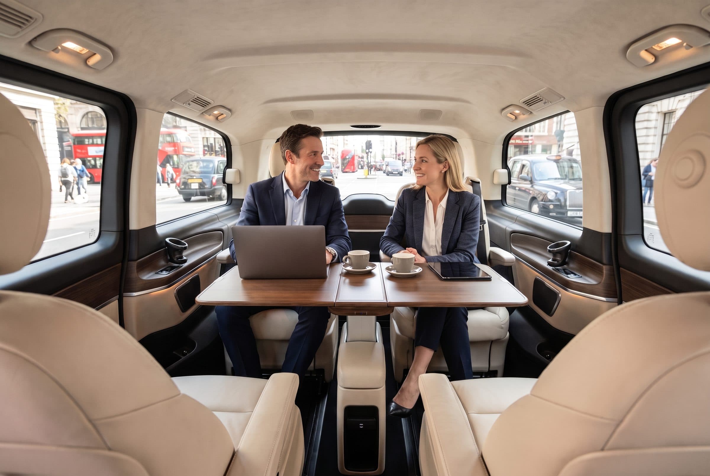 Business travellers at the walnut table between facing leather seats in a Mercedes VLE