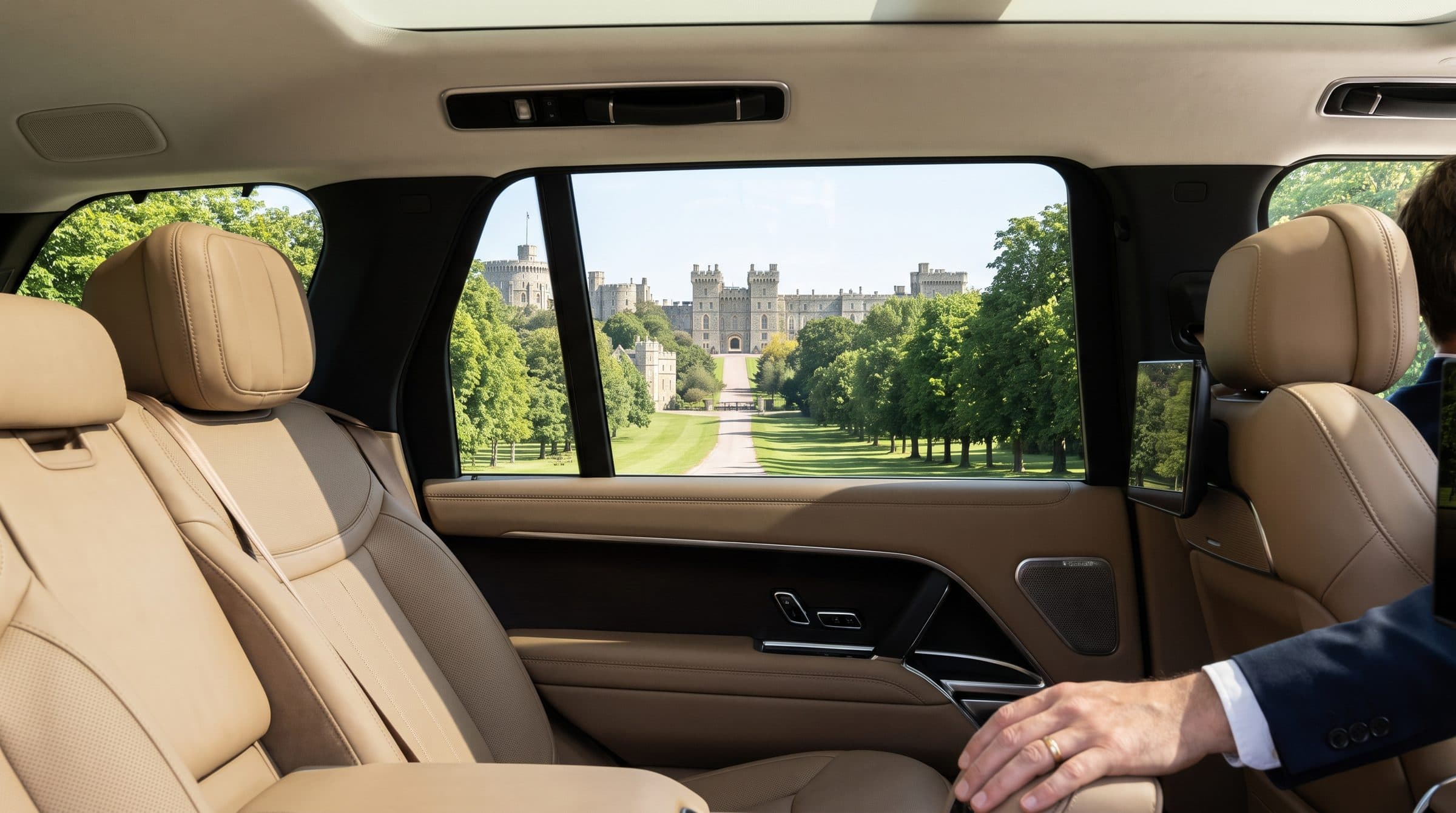 View of Windsor Castle and the Long Walk from the back seat of a Range Rover