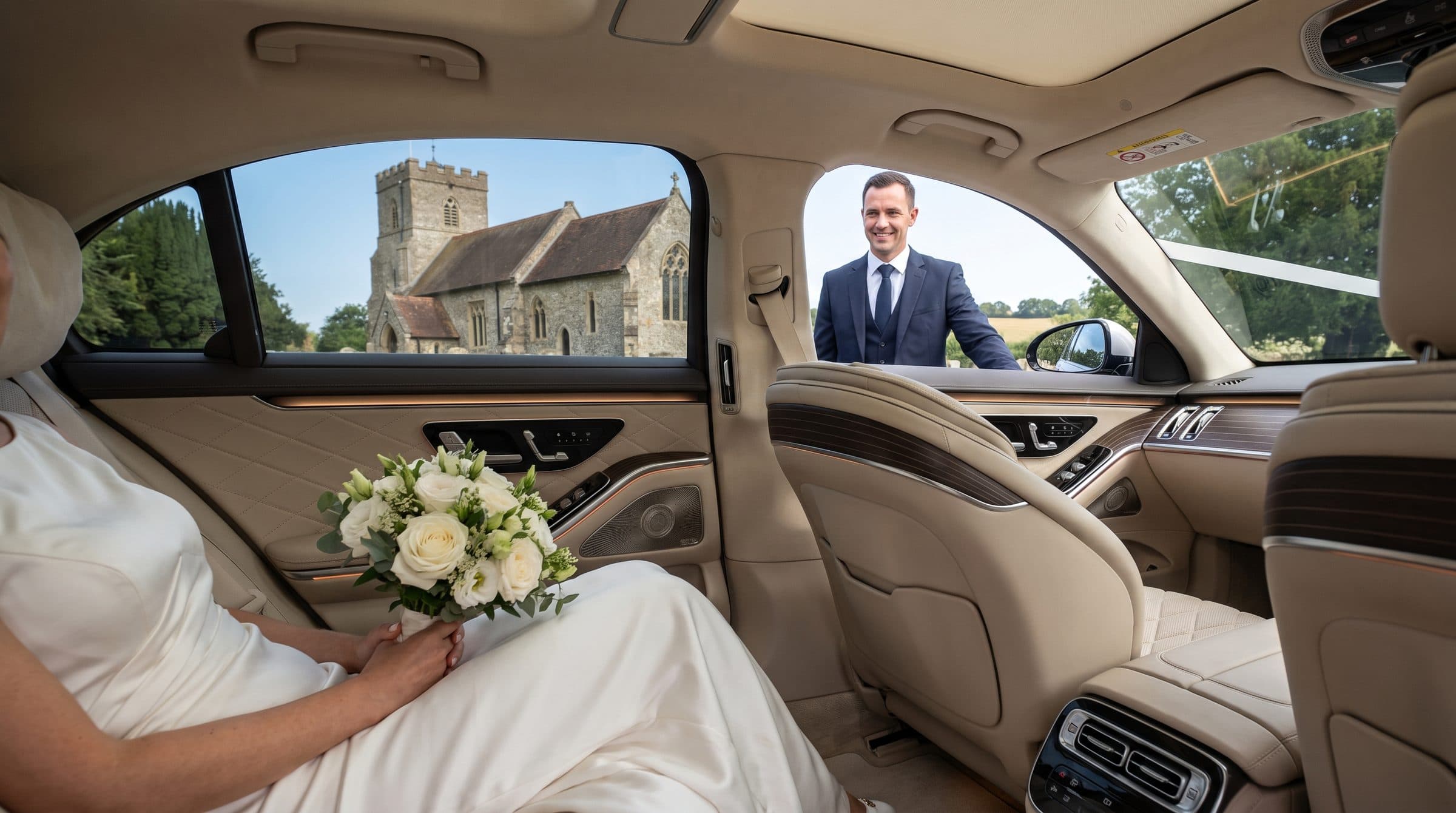 Bride with a bouquet of white roses in the back of a wedding car outside an English church