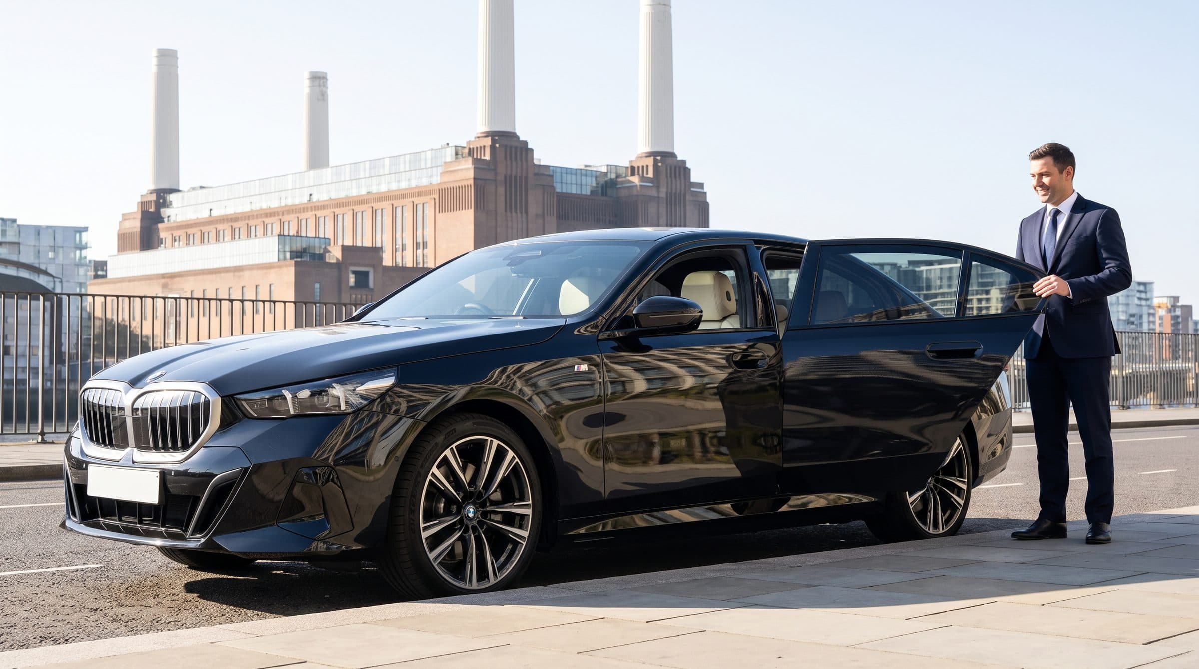 Chauffeur opening the rear door of a black BMW i5 at Battersea Power Station, London