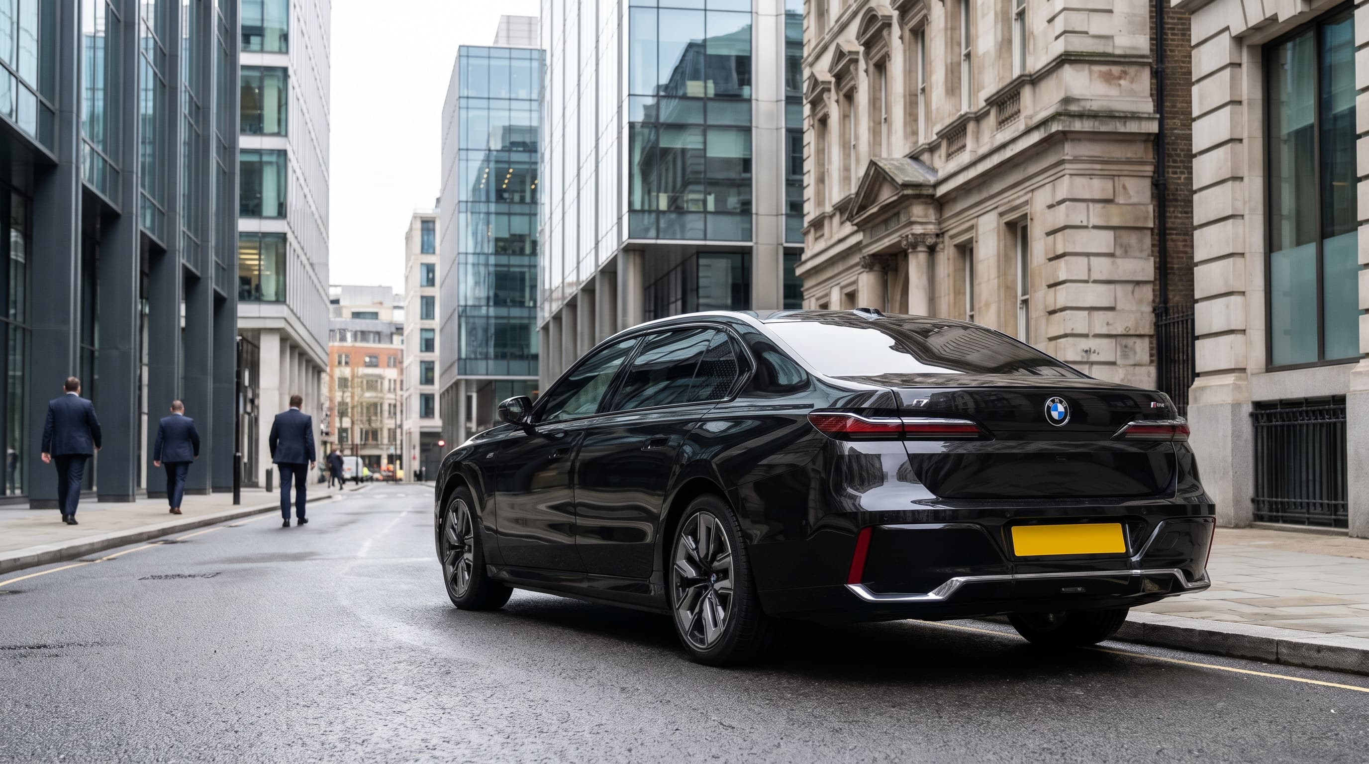 Black BMW i7 waiting on a street in the City of London