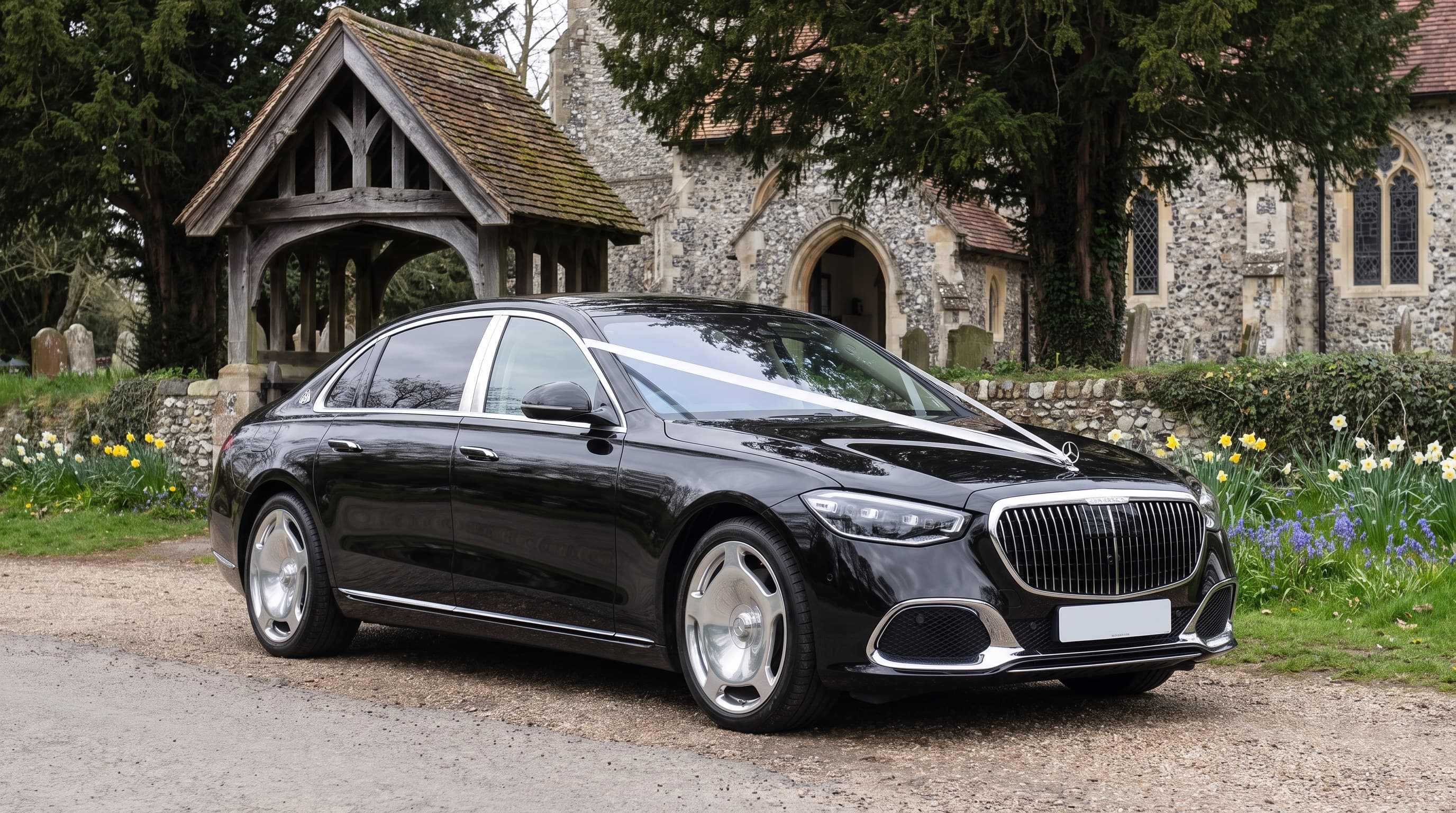 Black Mercedes-Maybach S-Class with a white ribbon outside a flint country church in Surrey