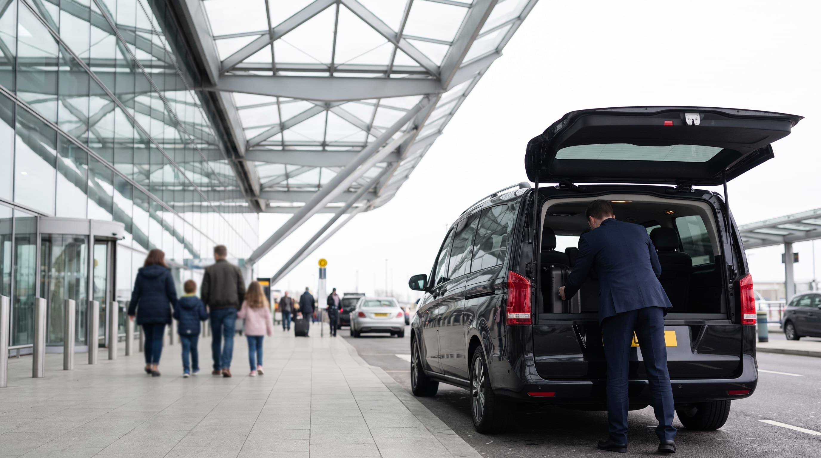 Chauffeur loading suitcases into a black Mercedes V-Class at a Heathrow terminal