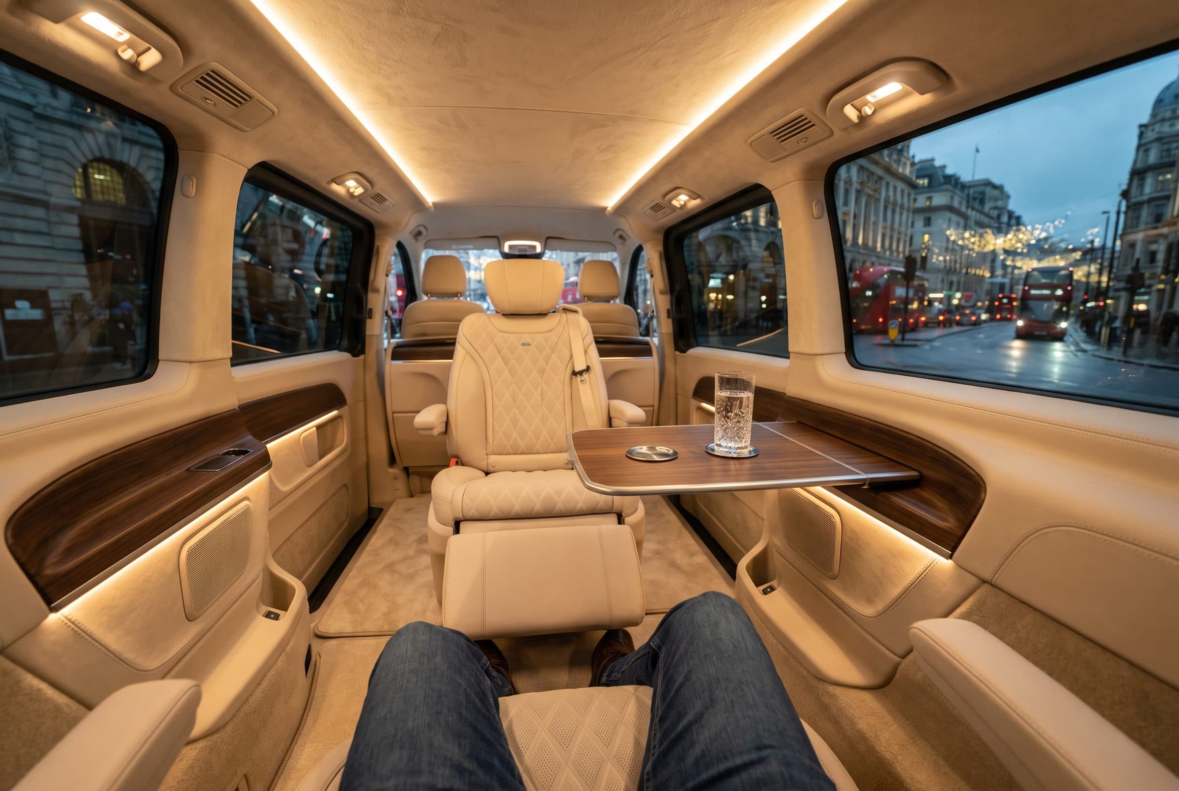 Quilted cream captain's seat and ambient lighting inside a Mercedes VLE on Regent Street