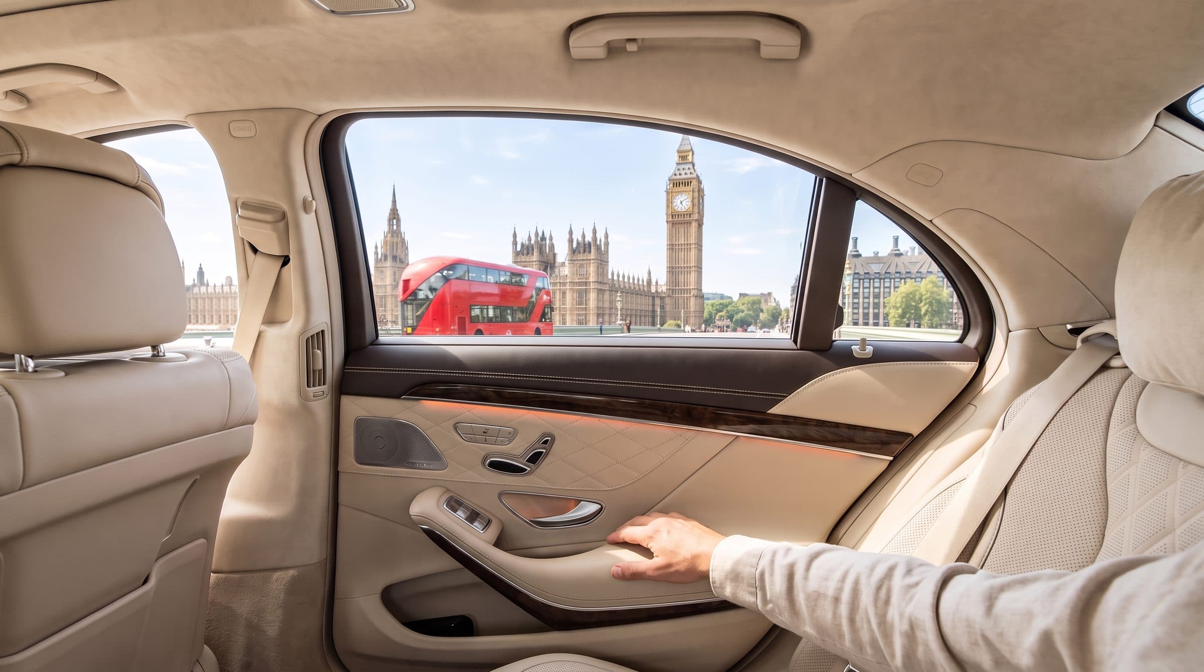 View from the back seat of a chauffeur car towards the Houses of Parliament and Big Ben